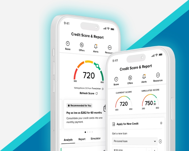 Two phones showing the My Credit Score feature in the Heritage Digital Banking App